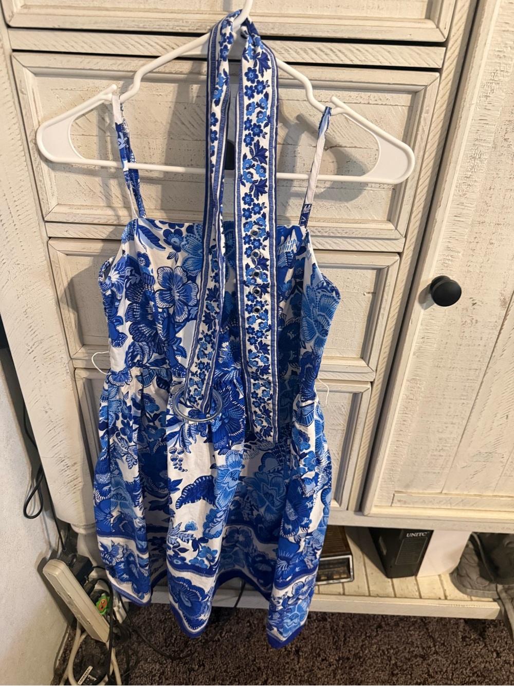 Joie Blue and White Floral Midi Dress with Neck Tie